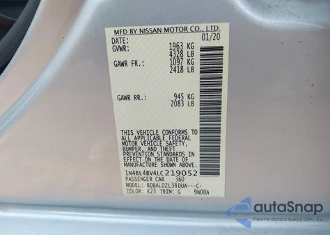 2020 Nissan Altima S Fwd from USA, damaged, VIN 1N4BL4BV4LC219052